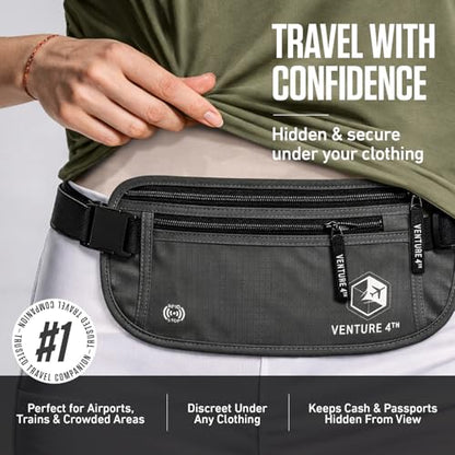 VENTURE 4TH Money Belt for Travel – Slim Hidden Under-Clothes RFID Blocking Anti-Theft Passport Holder & Travel Wallet Pouch for Men & Women to Protect Cash, Cards & Documents (Gray) - color: Ash Gray