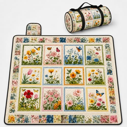 Personalized Waterproof Sandproof Beach Blanket 80''x80'', 3-Layer Foldable Picnic Blanket with Carry Strap, Camping Travel Outdoor Mat for Beach Park Hiking (Floral Patchwork) - color: Floral Patchwork