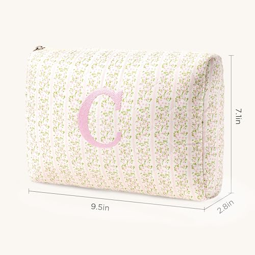 HBselect Initial Quilted Makeup Bag, Pink Cosmetic Travel Toiletry Bag, Flowers Coquette Zipper Make Up Pouch Organizer Teen Girl Gift Trendy Stuff C - color: 1Pc Medium Pinkflower, style: C