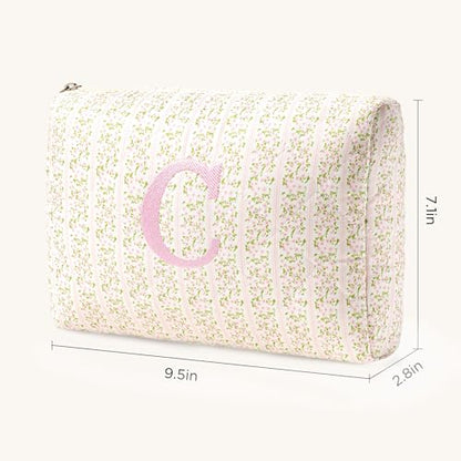 HBselect Initial Quilted Makeup Bag, Pink Cosmetic Travel Toiletry Bag, Flowers Coquette Zipper Make Up Pouch Organizer Teen Girl Gift Trendy Stuff C - color: 1Pc Medium Pinkflower, style: C