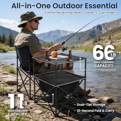 Portable Outdoor Folding Camping Table with 4 Cup Holders & Cooler Compartment, Waterproof Picnic Table for Picnic, BBQ, Beach, Hiking (Black) - color: Black
