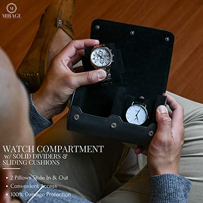 2 Watch Roll Travel Case for Men - Watch Holder and Storage for Travel - Slate Gray Swiss Motif Vegan Leather - color: Slate Gray 2-watch case