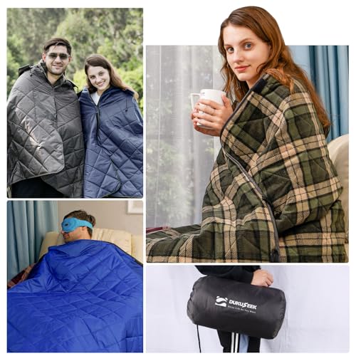 DUKUSEEK Waterproof Camping Blanket with Thick Fleece, Large Outdoor Blanket Windproof with Foldable Hood for Camping Stadium Sporting Events,79"x 58" - color: Dark Blue Outer With Red Plaid Fleece