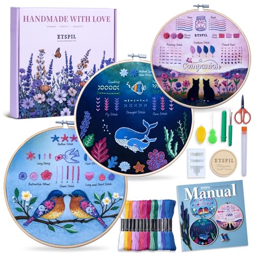 ETSPIL Beginner Embroidery Kit for Adults, 3-Pack Full-Color Stamped Animal Designs, Companionship Theme, Master 19 Stitches with 4K Step-by-Step Videos & Needle Minder, Easy Craft Gift for Teens - color: Companion F