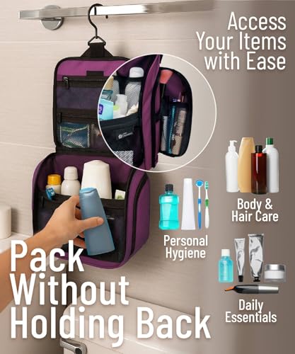 D&D Wanderlust D&D Hanging Travel Toiletry Bag for Men and Women – Cosmetics, Makeup and Toiletries Organizer Kit with 10 Compartments - color: Purple