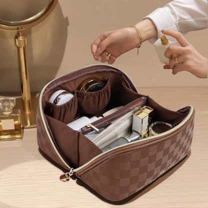 Prite Makeup Bag for Women Travel Waterproof Vegan Leather Cosmetic Bag Open Flat Toiletry Bag With Clear Divider and Handle (Plaid Brown, Medium) - color: Plaid Brown, size: Medium