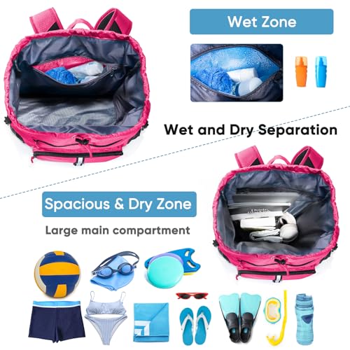Large Beach Backpack Waterproof Sandproof - Customized Oversized Drawstring Pool Bag with Shoe Compartment for Toiletries, Towels, Gym, Travel - color: Pink