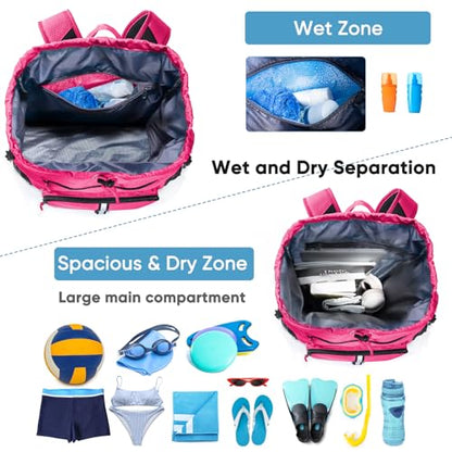 Large Beach Backpack Waterproof Sandproof - Customized Oversized Drawstring Pool Bag with Shoe Compartment for Toiletries, Towels, Gym, Travel - color: Pink