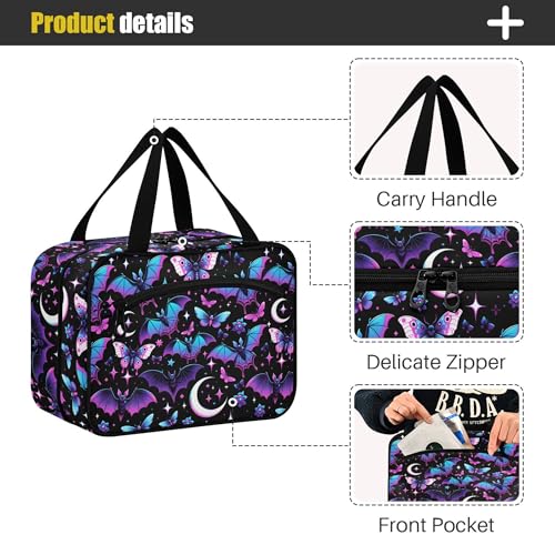 MNSRUU Hanging Toiletry Bags for Women Travel, Neon Purple and Bats Stars and Moons Toiletry Organizer Portable Travel Clear Wash Makeup Cosmetic Bag - color: Bats A8889