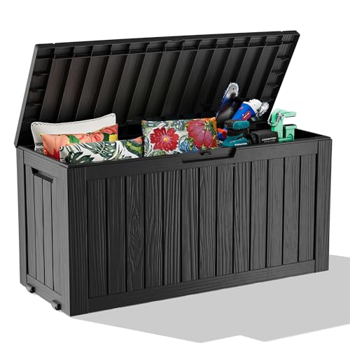 EasyUp 90 Gallon Outdoor Deck Box Waterproof, UV Resistant Resin Outdoor Storage Box for Delivery, Porch, Patio and Garden, Black - color: Black, size: 90 Gallon