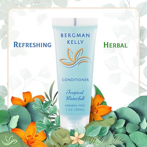 BERGMAN KELLY Hotel Toiletries Bundle (Tropical Waterfall, 1 oz each, 100 Pieces) 4-Piece Set: 25 Round Bar Soap, 25 Shampoo, 25 Conditioner & 25 Body Lotion - Bulk Mini Guest Amenities Supply - size: 1 Fl Oz (Pack of 25)