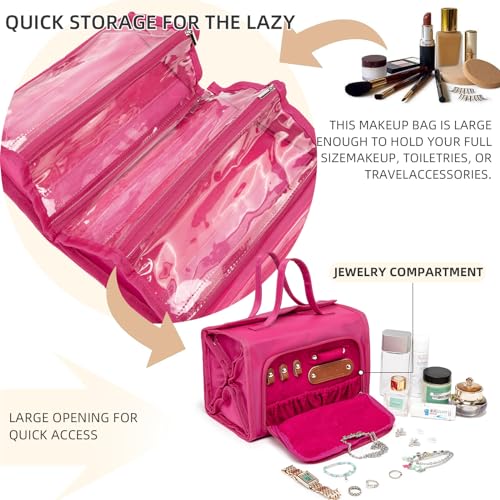ROYALFAIR Roll Up Makeup Bag, Waterproof Toiletry Bag for Women, Hanging Travel Organizer bags with Jewelry Organizer Compartment, Extra Large 4 Clear TSA Approved Pouches Cosmetic Makeup (pink) - color: Pink