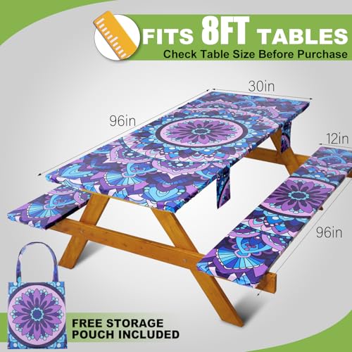 Picnic Table Cover with Bench Covers Vinyl Elastic Edges Fitted Rectangle Tables Seat Waterproof 3-Piece 96X30in Set Outdoor Rectangular Folding Backing Tablecloth Camping Over Size Mandala - color: Purple Mandala, size: 96in