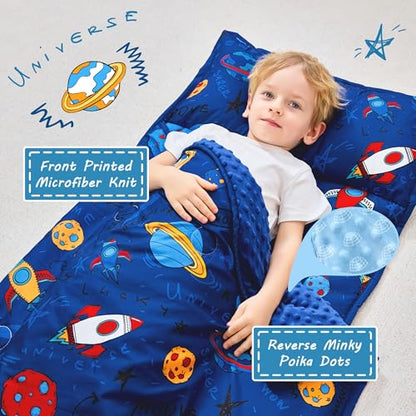 Lasoftan Toddler Nap Mat with Pillow and Blanket, Extra Large Rolled Napping Mats,Slumber Bags for Boys Girls,Kids Sleeping Bag for Daycare, Preschool Travel Camping - color: Universe