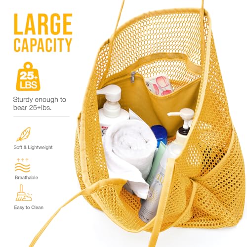 KPX Beach Bag with Mini Pocket, Summer Beach Tote Bags for Women Large Foldable Mesh Swimming Pool Travel Bags - Sandproof - color: Orange