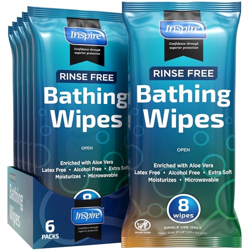Body Wipes for adults bathing rinse free | Adult Wash Cloths Extra Large, Bathing Wipes for Incontinence, 8"x 8" In (48 count) | By Inspire - style: Thick 6 Packs of 8