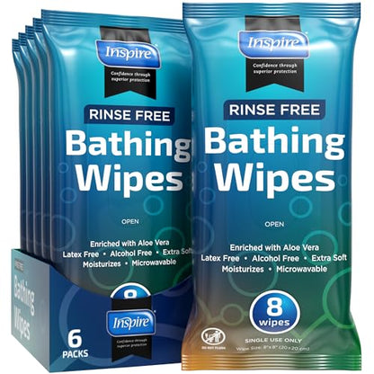 Body Wipes for adults bathing rinse free | Adult Wash Cloths Extra Large, Bathing Wipes for Incontinence, 8"x 8" In (48 count) | By Inspire - style: Thick 6 Packs of 8
