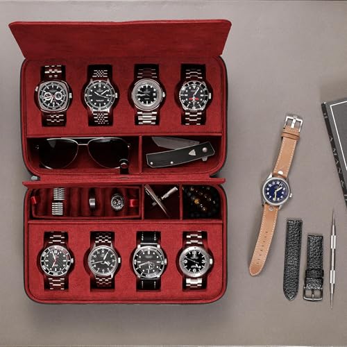 ROTHWELL 8 Watch Travel Case Storage Organizer for 8 Watches, Sunglasses, Rings & Cufflinks |Tough Portable Protection with Zipper Fits Most Wristwatches & Smart Watches Up to 50mm (Black/Red) - color: Black/Red