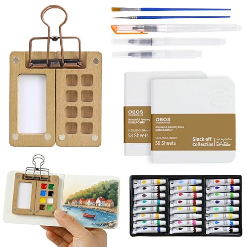 Mini Watercolor Travel Set | Portable Watercolor Kit & Pocket Walnut Wood Mini Paint Set With 24 Colors, 5 Brushes, 2 Sketchbooks for Adults, Artists & Beginners