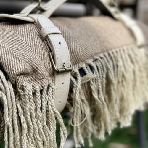 Picnic Blanket Extra Large Waterproof with Strap 59"x79" - Machine Washable Tassels Faux Wool Cashmere for Park, Grass, Camping, Hiking, Concerts (Deep Tan with white shoulder strap, 59"X79") - color: Deep Tan With White Shoulder Strap