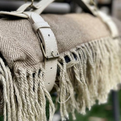 Picnic Blanket Extra Large Waterproof with Strap 59"x79" - Machine Washable Tassels Faux Wool Cashmere for Park, Grass, Camping, Hiking, Concerts (Deep Tan with white shoulder strap, 59"X79") - color: Deep Tan With White Shoulder Strap