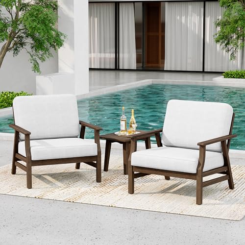 3 Piece Wood Patio Chair Outdoor Bistro Set, Outdoor Armchair All Weather Patio Sofa Furniture Backyard Conversation Sets with Wooden Side Table, Beige - color: Beige, size: 3PCS