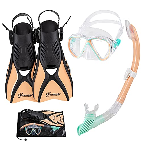 Seavenger Hanalei Anti-Fog 4-Piece Snorkeling Set with Soft-Flex Dry Snorkel, Adjustable Open-Heel Fins, Twin-Lens Mask, and Mesh Bag - color: Mint Cream, size: Large