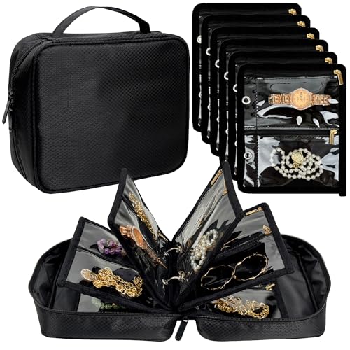 Travel Jewelry Organizer Case,Jewelry Bags for Traveling, Jewelry Binder with 24 Pcs Clear Zipper Velvet Pouches for Storing Earrings, Rings, Necklace, Bracelet, Watch (Black) - color: Black