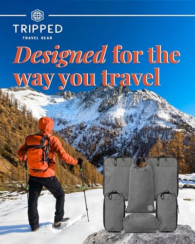 Compression Packing Cubes for Travel by TRIPPED – 6-Piece Premium Set with Laundry & Shoe Bag, Space Saving Travel Organizer Bags for Suitcase & Carry-On Luggage (Grey) - color: Grey - 6 Piece