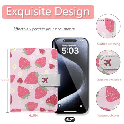 Passport Holder, Travel Wallet Cover with Pen Loop | Cute RFID Blocking Leather Case with Magnetic Closure for Travel Essentials-Strawberry - color: I-Strawberry