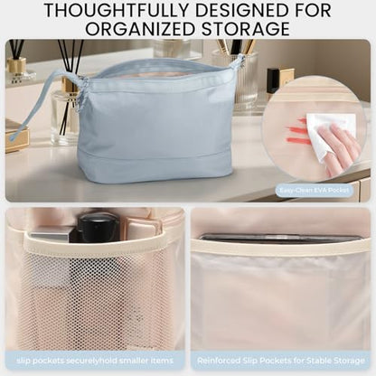 HauteHues Travel Makeup Bag for Women, Roomy Cosmetic Bag and Toiletry Bag with Wide Open Design, Soft Nylon Pouch for Makeup, Skincare, Toiletries, Gym, Carry-On and Weekend Trips, Gray Blue - color: Blue