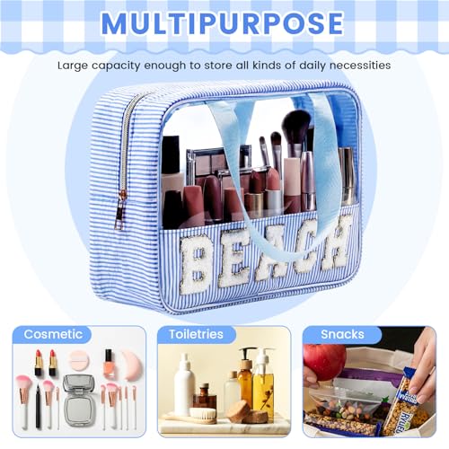 Sanwuta Seersucker Beach Bag Chenille Letter Clear Sunscreen Makeup Bag with Handle and Zipper Seersucker Stripe Preppy Women Cosmetic Pouch for Storage Travel Organizer(Blue) - color: Blue, style: Beach