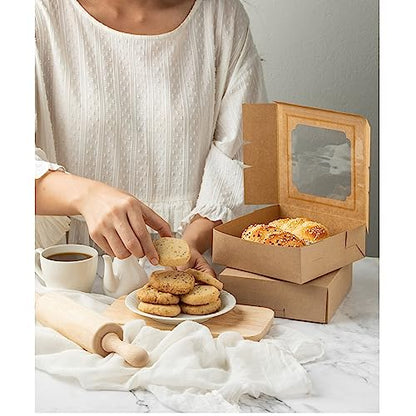 20 Pack Bakery Boxes with Window Small 6x6x2 inch for Cookie, Candy, Pastry, Brownie, Chiffon Cake, Tart, Pie, Waffle (Kraft Brown) - color: Kraft Brown