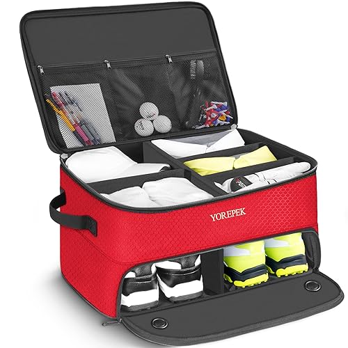 YOREPEK 2 Layer Golf Trunk Organizer, Golf Gifts for Men with Separate Ventilated Compartment for 2 Pair Shoes, Waterproof Car Trunk Locker for Balls, Tees, Clothes, Gloves, Gifts for Golfers - color: Standard-Red
