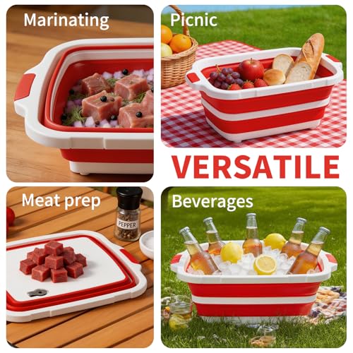 XUDAKAIXIN Collapsible BBQ Prep Tub for Meal Prep, Marinating,Food Storage, picnics, camping, barbecues,cutting fruits and vegetables - Includes Cutting Board and Locking Lid,(X-Large) Red - color: (X-Large)Red