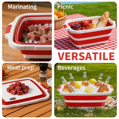 XUDAKAIXIN Collapsible BBQ Prep Tub for Meal Prep, Marinating,Food Storage, picnics, camping, barbecues,cutting fruits and vegetables - Includes Cutting Board and Locking Lid,(X-Large) Red - color: (X-Large)Red