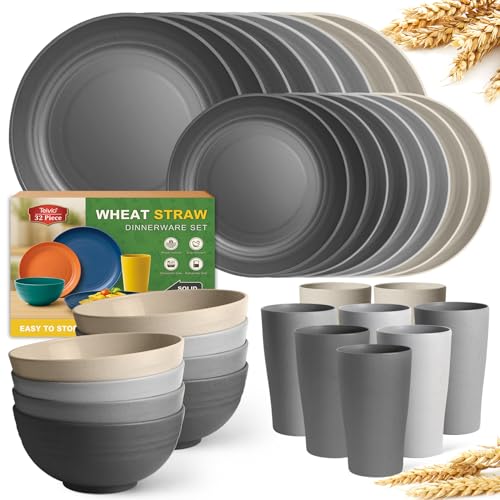 Teivio 32-Piece Kitchen Plastic Wheat Straw Dinnerware Set, Service for 8, Dinner Plates, Dessert Plate, Cereal Bowls, Cups, Unbreakable Colorful Plastic Outdoor Camping Dishes, Gray Stone - color: Gray Stone