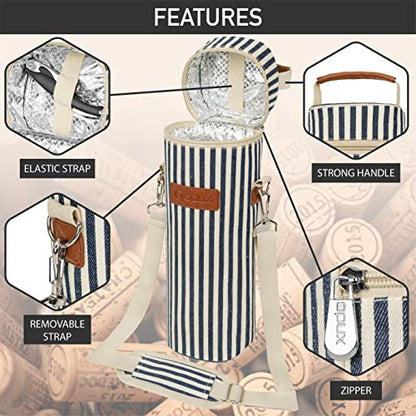 opux Wine Bag Single Bottle Carrier Tote, Insulated Wine Cooler Bag for Travel Picnic Beach with Shoulder Strap, Thermal One Bottle Holder Carrying Case Gift for Women Men, Navy White Stripes - color: Navy Stripes