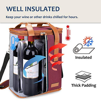 Tirrinia 6 Bottle Wine Gift carrier - Insulated & Padded Wine Carrying Cooler Tote Bag with Handle and Adjustable Shoulder Strap for Travel or Picnic, IDEAL Wine Lover Gift, Wine - color: Red