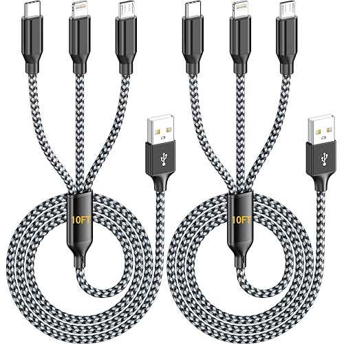 IDISON Long 3 in 1 Multi Charging Cable 10FT 2Pack, MFi Certified USB A Charger Cord with Lightning USB C Micro USB, Nylon Braided Universal Phone Charger for iPhone iPad Android Tablets Travel - color: Grey/Black-10ft-2Pack
