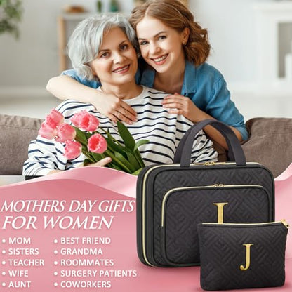 Gifts for Women, Initial Toiletry Makeup Bag Hanging Cosmetic Organizer with Embroidery Letter Personalized Nurse Teacher Appreciation Birthday Mothers Day Gifts for Mom Sister Wife Friends Auntie Her - style: J