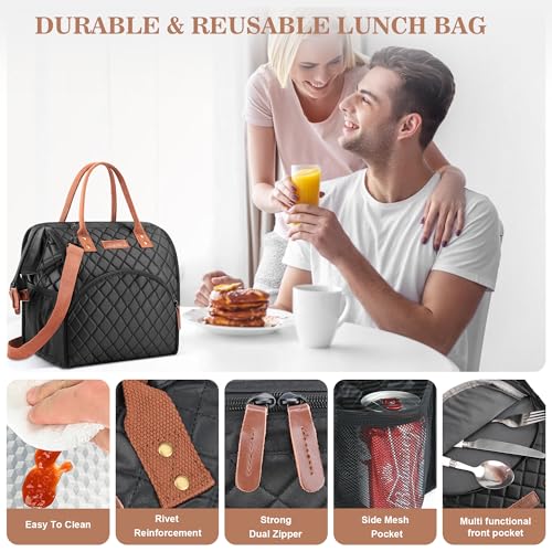 LOKASS Lunch Bag Insulated Lunch Box Wide-Open Lunch Tote Bag with Removable Shoulder Strap for Women/Men Adults Work Picnic Hiking Beach Fishing(Black) - color: Suqare Black-Starps