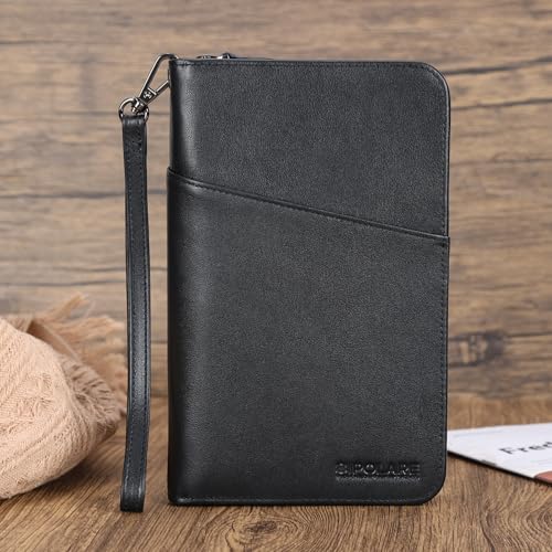 Polare Full Grain Leather Passport Holder Cover Case for Men and Women RFID Blocking Family Travel Wallet Holds 6 Passports - color: Black with AirTag Slot