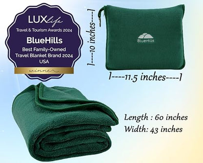 BlueHills Premium Soft Travel Blanket Pillow Airplane Flight Blanket Throw in Soft Bag Pillowcase Compact Pack Large Comfort for Travel Green (Dark Green T010) - color: Green-1pk-t010