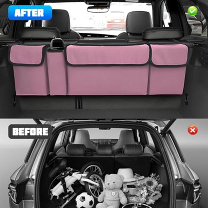 Car Trunk Organizer with Lid, Large Waterproof Vehicle Backseat Hanging Storage Bag with 4 Pockets & Adjustable Straps, Collapsible Automotive Interior Cargo Bag, Universal Fit (Pink) - color: Pink