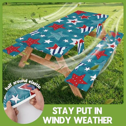 Picnic Table Cover with Bench Covers Camping Essentials Waterproof Windproof Fitted Tables and Seats Set Patio Outdoor Must Haves Stuff Tablecloth Kit Rv Owner Camper Overlanding Activities Gadgets - color: Blue Stars, size: 72in