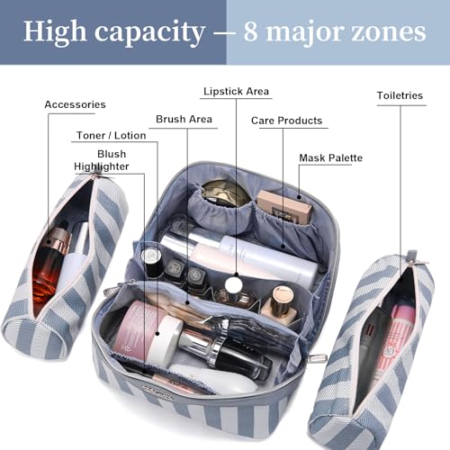 BOYATU Travel Makeup Bag Cosmetic Bag for Women: 3 Pcs Set Striped Make up Bag with Compartments - Waterproof Vegan Leather Toiletry Bags with Handle - Makeup Organizer for Travel Essentials(A-1-Blue) - color: A-1-Blue