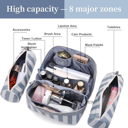 BOYATU Travel Makeup Bag Cosmetic Bag for Women: 3 Pcs Set Striped Make up Bag with Compartments - Waterproof Vegan Leather Toiletry Bags with Handle - Makeup Organizer for Travel Essentials(A-1-Blue) - color: A-1-Blue