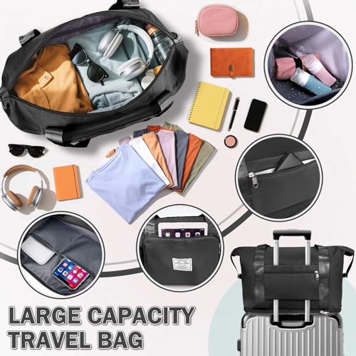 Ranslen Large Capacity Folding Travel Bag,Expansion Travel Duffel Bag with Dry and Wet Separation Portable Travel Duffel Bag - color: Black