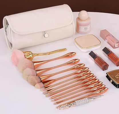 Travel Makeup Organizer, Foldable Roll-Up Cosmetic Storage Bag for Women (Beige) - color: Beige
